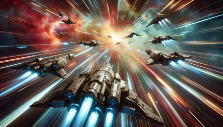 Futuristic spaceship in space. Futuristic spaceship in deep space.