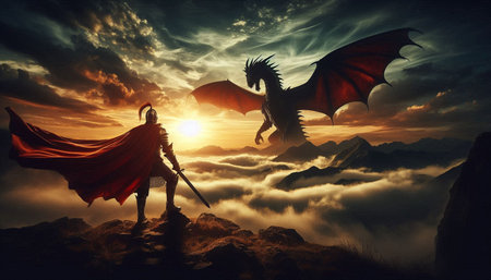 Fantasy landscape with fantasy dragon and knight. 3d illustration.