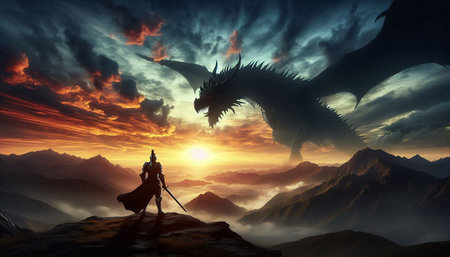 Fantasy landscape with dragon and knight. 3d render illustration.