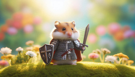Hamster dressed as a medieval knight on a green meadow.