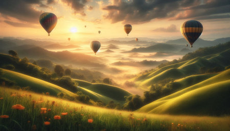 Colorful hot air balloons flying over the green hills in the morning
