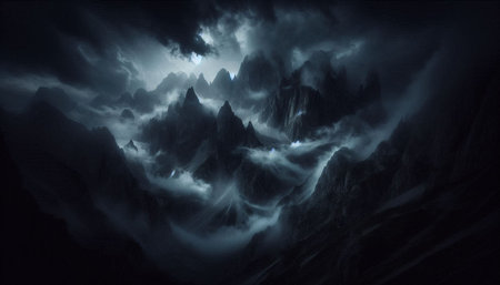 Fantasy landscape of mountains and fog at night. 3D illustration