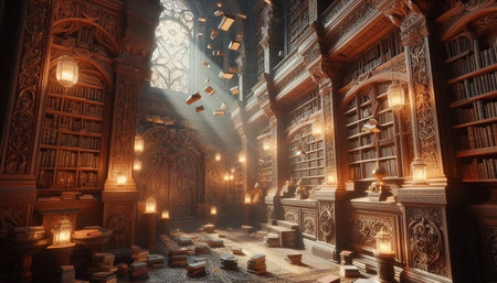 The interior of the ancient library. 3D illustration. Fantasy.