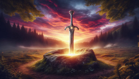 Fantasy landscape with a sword in the forest. 3d renderの写真素材