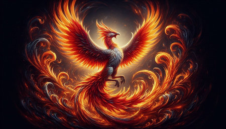 3D rendering of a fantasy dragon with fire flame isolated on black background