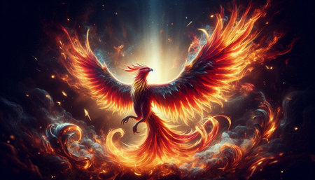 Fantasy illustration of a flying phoenix with fire and smoke.