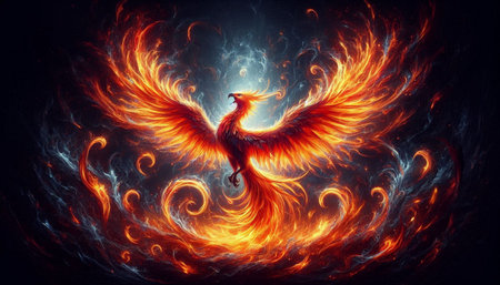 Fiery fire bird on black background. Fantasy fractal texture. Digital art. 3D rendering.