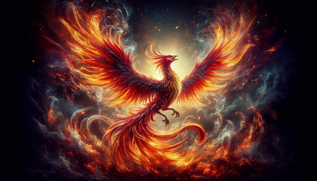 3d illustration of fantasy dragon in fire and smoke on black background