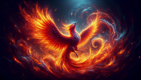 3D rendering of a fantasy dragon flying over a colorful fire flame