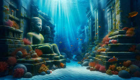 Buddha statue in the underwater world. 3D rendering.の写真素材