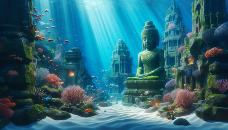 Buddha statue in the underwater world. Sea life concept.の写真素材