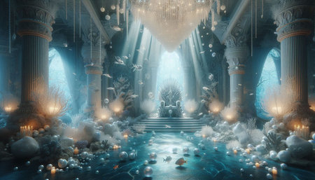 3D rendering of a fantasy portal to a fantasy world with columns, lights and snowflakes