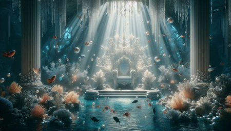3d illustration of fantasy underwater world with fish, plants and rays of lightの写真素材