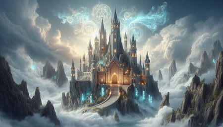 Fantasy landscape with fantasy castle in the clouds. 3d rendering