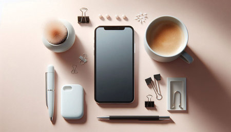Flat lay, top view office desk workspace with smartphone, stationery and coffee cup
