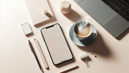 Modern workspace with smartphone, laptop, coffee cup and stationery. Top view