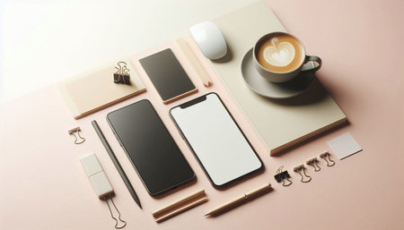 Mockup of smartphone with blank screen, stationery and coffee cup on pink background