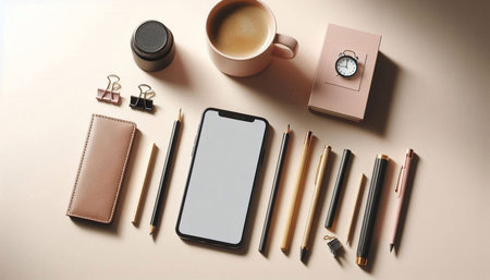 Flat lay composition with smartphone and stationery on beige background