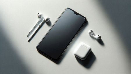 Smartphone with blank screen and wireless earphones on gray background.の写真素材