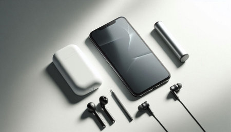 Smartphone and earphones on white background. Top view with copy space