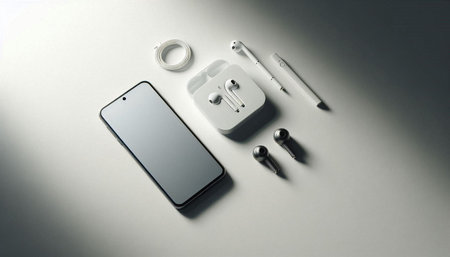 Smartphone and accessories on a white background. Top view. Flat lay.