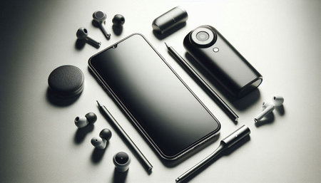 Smartphone with black screen and accessories on white background. Top view.