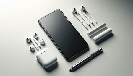 Smartphone with a blank screen on a gray background. Top view.