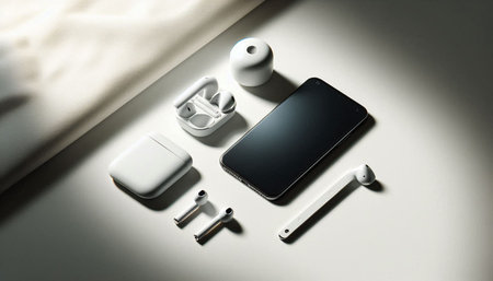 Smartphone, earphones and power bank on a white background.