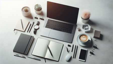 Top view of modern workplace with laptop, coffee cup, stationery and other items. Mock up