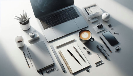 Top view of modern workplace with laptop, coffee cup, stationery and other items. Mock up