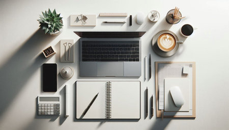 Top view of modern workplace with laptop, coffee cup, stationery and copy space on white background