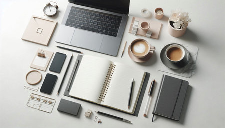 Modern workplace with laptop and stationery on light background, top view