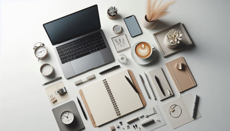 Top view of modern workplace with laptop, stationery and coffee cup on white background