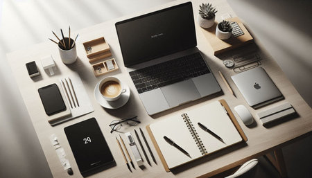 Top view of modern workplace with laptop, coffee cup, stationery and other items. Mock up