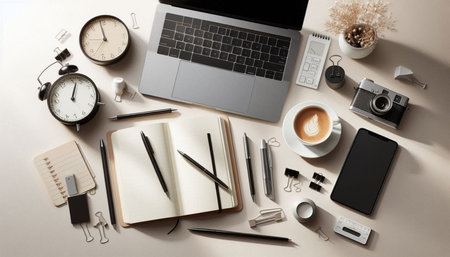 Top view of modern workplace with laptop, coffee cup, notebook and other items