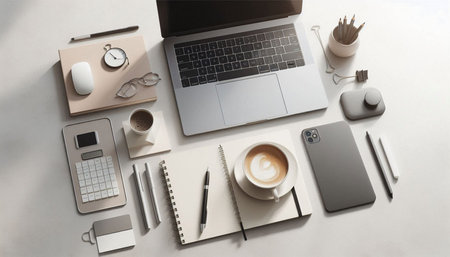 Top view of modern workplace with laptop, stationery and coffee cup on white background