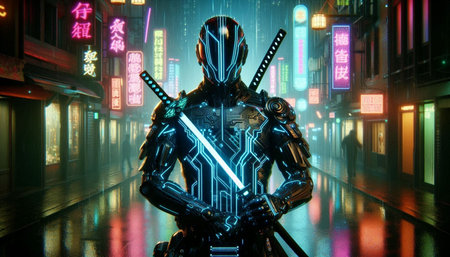 Futuristic cyborg cyber man in futuristic city 3D rendering