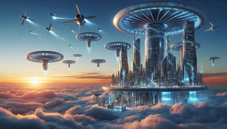 Futuristic alien city in the clouds. 3D rendering.