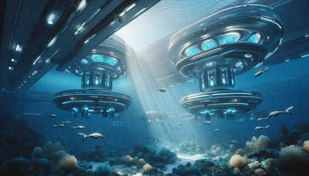 Futuristic alien spaceship in deep blue sea. 3D rendering