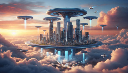 Futuristic city in the clouds. 3d render illustration.