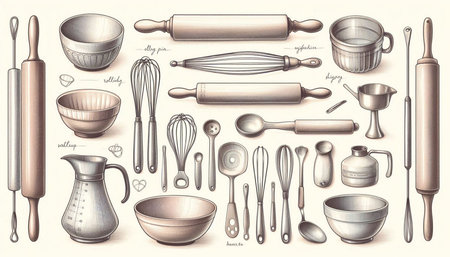 Vintage set of kitchen utensils. Vector illustration in vintage style.