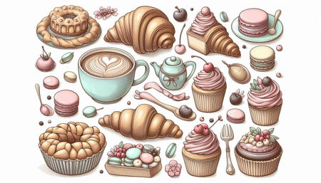 Coffee, cakes, macaroons, muffins, cupcakes, macaroons, croissants, muffins, macaroons, donuts,...
