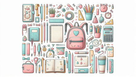 Back to school. Set of stationery elements. Vector illustration.