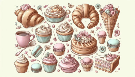 Set of hand drawn sweets and desserts. Vector illustration in vintage style.
