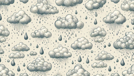 Seamless pattern with clouds and raindrops. Hand drawn vector illustration.