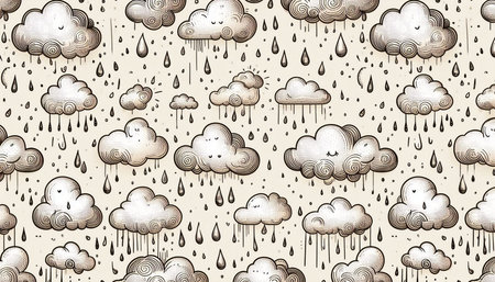 Seamless pattern with clouds and rain drops. Hand drawn vector illustration.