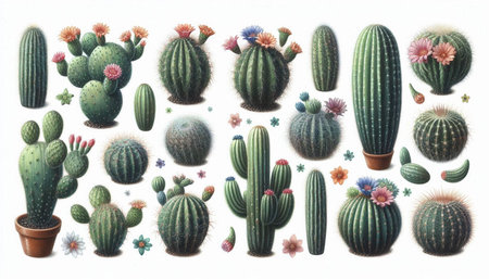 Cactus collection isolated on white background. Collection of different cactuses.
