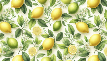 Seamless pattern with lemons and flowers on a light background