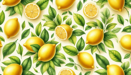 Lemon seamless pattern. Vector background with lemons and leaves.