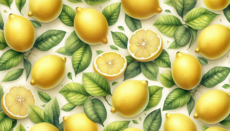 Seamless pattern with lemons and leaves. Top view.